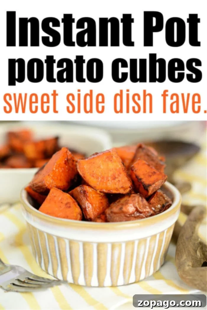 Easy Instant Pot Sweet Potato Cubes 8 Sweet potato cubes cooked in an Instant Pot, ready to be seasoned and served.