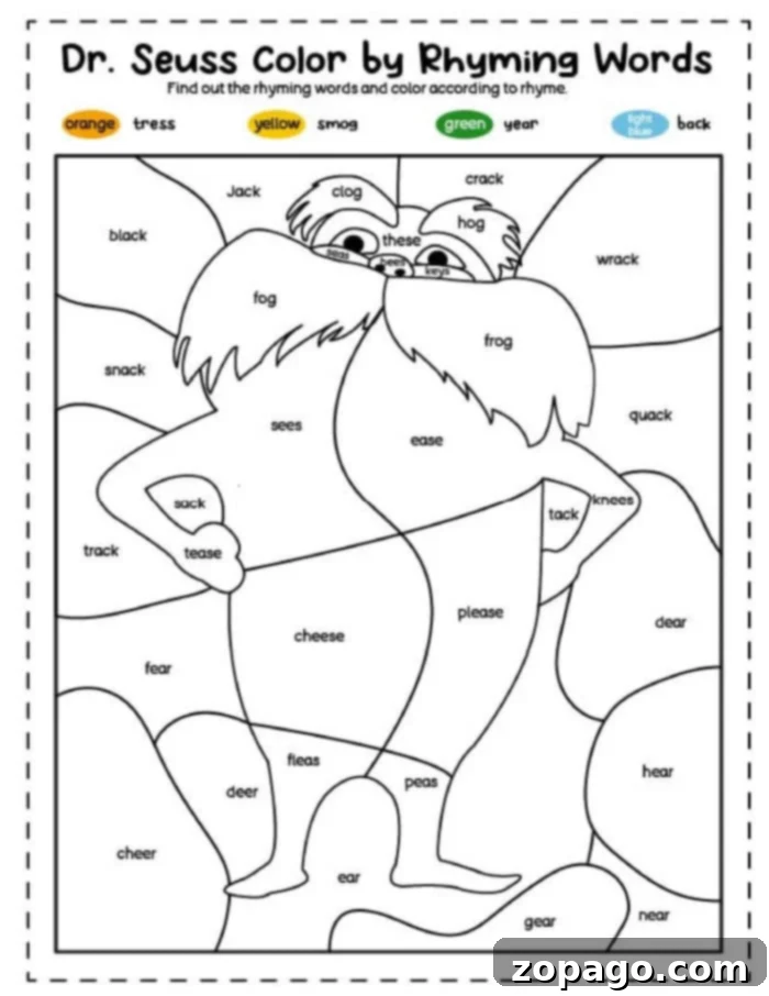 Whimsical Dr Seuss Color by Number Fun 5 Lorax coloring page with Truffula trees