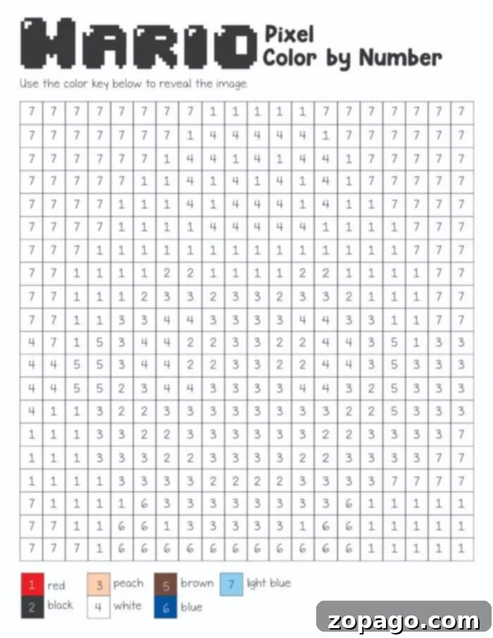 Mario Pixel Art Color by Number 4 Variety of Mario Coloring Pages featuring Luigi, Mario, and Princess Peach