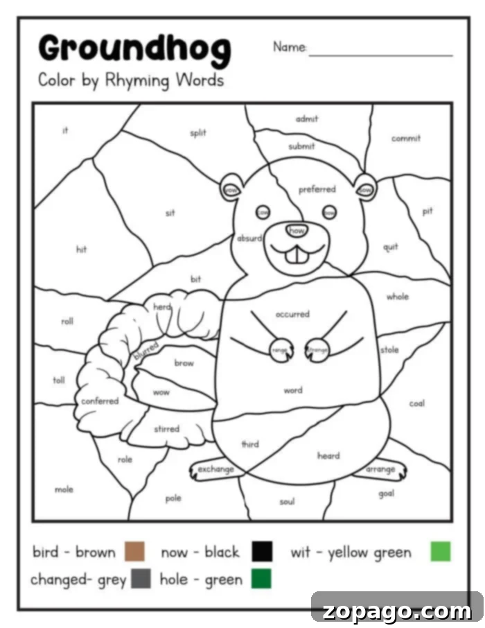 Groundhog Day Coloring Fun 2 Free Groundhog Day Coloring Page featuring a cheerful groundhog emerging from its burrow, ready for coloring