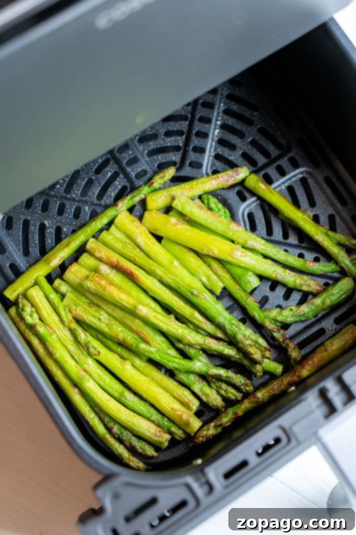 Crispy Frozen Asparagus in Air Fryer 7 Close-up of perfectly cooked air fryer frozen asparagus spears, ready to be served