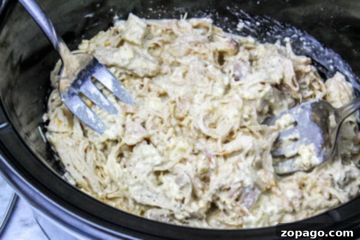 Gourmet Cordon Bleu Chicken Melt 5 Close-up of perfectly shredded chicken cordon bleu mixture in a slow cooker, showing its creamy texture.