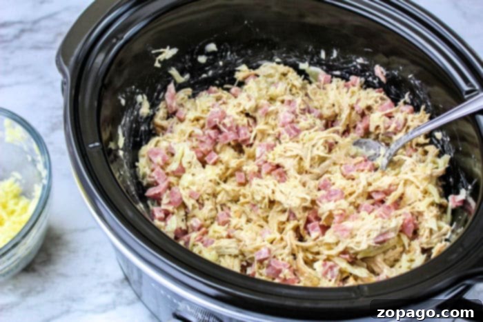 Gourmet Cordon Bleu Chicken Melt 6 Slow cooker filled with creamy chicken and ham, ready to be served over rice or in sandwiches.