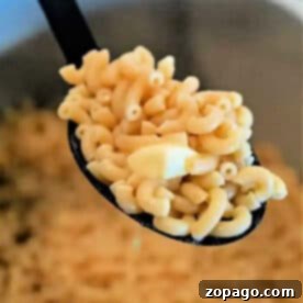 A spoonful of cooked elbow macaroni with a piece of butter, held over a pot of more macaroni—perfect for making creamy Ninja Foodi Butter Noodles.