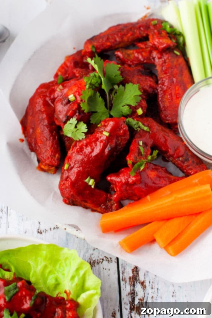 Effortless Instant Pot Chicken Wings 6 A plate of spicy buffalo chicken wings, enhanced with a hint of Asian chicken wing sauce and garnished with cilantro, is served with carrot sticks and celery. A bowl of tangy dipping sauce sits on the side, beautifully arranged on a white parchment-lined plate.