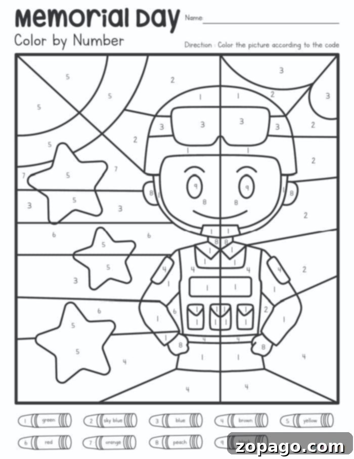 Red White and Blue Color by Number 4 Memorial Day Color By Number featuring a soldier silhouette against a flag background