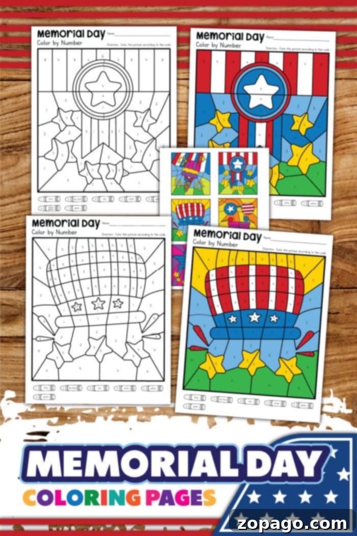 Red White and Blue Color by Number 5 Collection of 4th of July Color Sheets with various patriotic designs including flags, stars, and fireworks