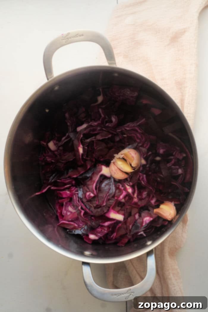 Tangy Red Cabbage Slaw 4 A glass jar filled with homemade pickled red cabbage, ready to be stored or served. Its deep red color is visually appealing.