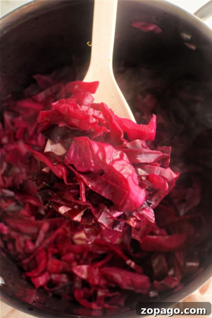Tangy Red Cabbage Slaw 5 A close-up view of vibrant Red Cabbage Sauerkraut in a glass jar, demonstrating a successful fermentation or pickling process.