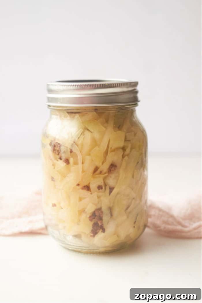 Hearty Sauerkraut with Meat 4 Close-up of a rustic bowl filled with homemade sauerkraut and ground beef, perfectly cooked and seasoned, ready to serve as a comforting meal.