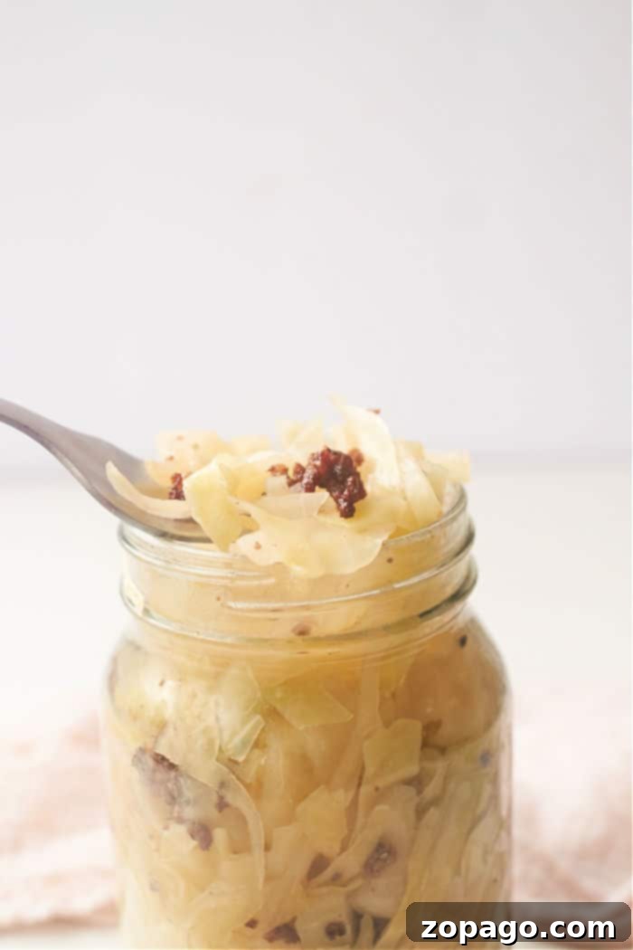 Hearty Sauerkraut with Meat 5 A close-up shot of a generous serving of ground beef and sauerkraut, showcasing the tender cabbage and well-browned, seasoned meat in a rustic setting.