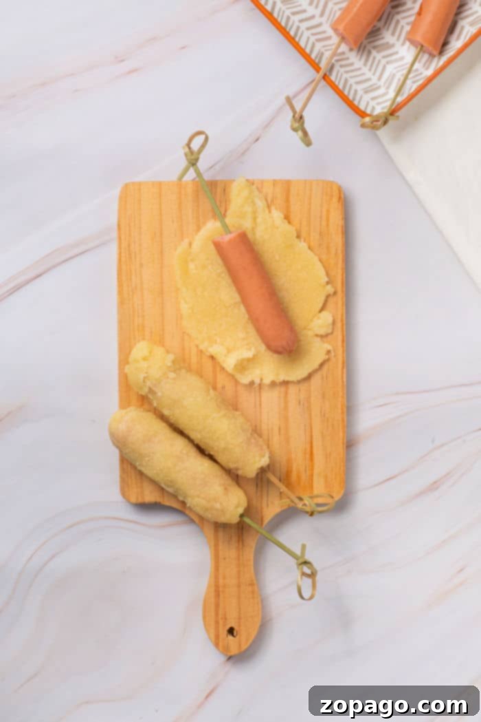Homemade Corn Dogs Air Fryer Perfection 5 Homemade Corn Dogs with Bisquick dough being wrapped around hot dogs