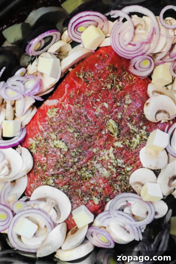 Melt-in-Your-Mouth Slow Cooker Flank Steak 3 Flank Steak Cooking in Crockpot with Vegetables