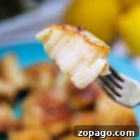 Grilled scallop on a fork with a dish of scallops in the background showcases the perfect result when you know how to cook frozen scallops to perfection.