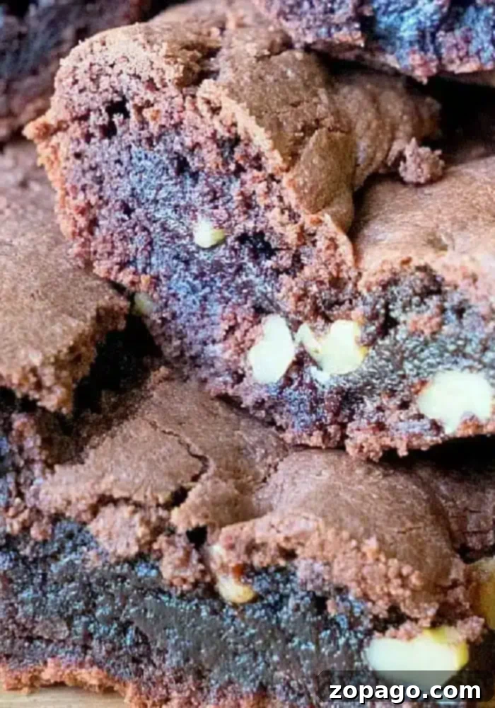 Create Your Own Brownie Mix 6 Close-up of stacked chocolate brownies made with homemade brownie mix, with visible walnut pieces embedded in the layers, showcasing a dense and fudgy texture.