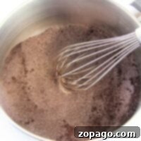 A whisk stirs the homemade brownie mix, blending the dry cocoa powder effortlessly in a metal bowl.