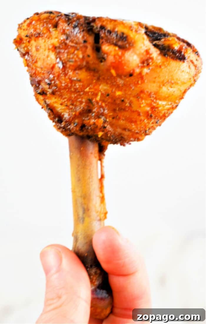 Easy Homemade Lollipop Drumsticks 8 A hand holds a perfectly seasoned and cooked giant lollipop chicken drumsticks, against a white background.