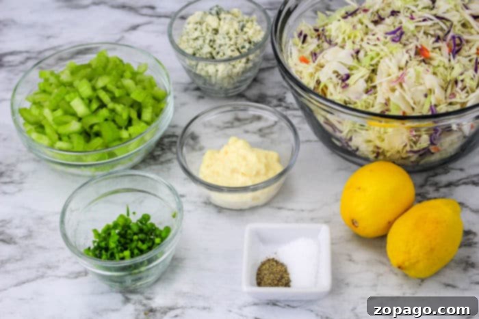 Bold Blue Cheese Slaw 3 Homemade coleslaw with blue cheese, freshly prepared