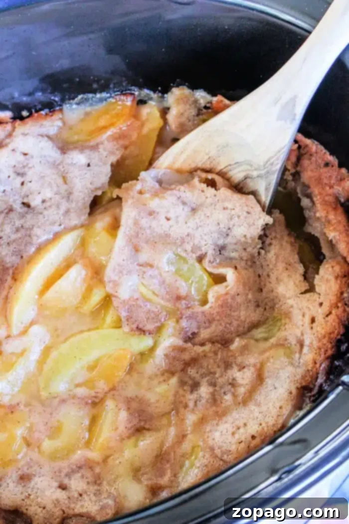 One-Pot Cobbler Perfection 2 A close-up of Crockpot Cobbler with Frozen Fruit. A wooden spoon scoops out a portion, revealing sliced peaches and a golden-brown, crumbly crust. The dessert appears warm and freshly made.
