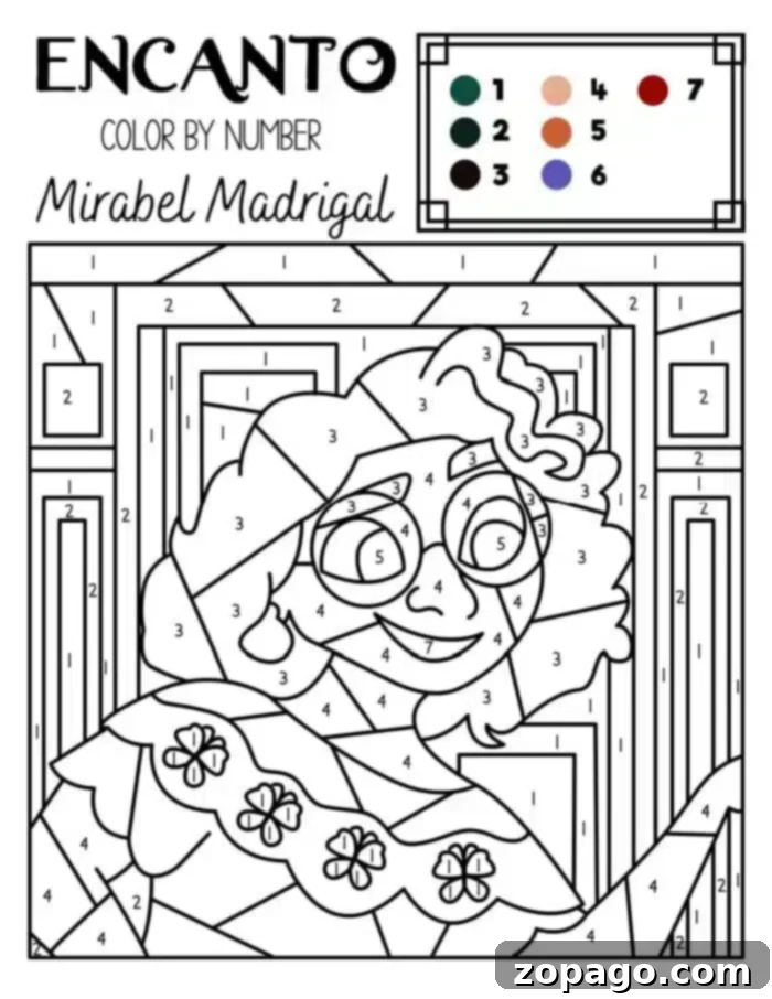 Encanto Coloring Adventures 2 Encanto Coloring Page featuring Mirabel Madrigal. She wears glasses and has curly hair, with a dress decorated with floral patterns. The top of the page includes a color key with numbers corresponding to seven different colors, making it an engaging color by number activity.