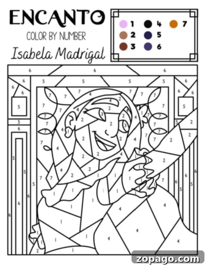 Isabela Madrigal Encanto coloring page, featuring the 'perfect' Madrigal sister surrounded by an array of beautiful flowers. The design encourages creative expression and highlights her unique floral gift.