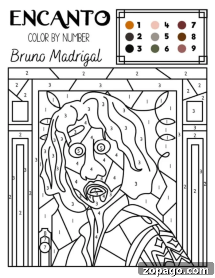 Bruno Madrigal Encanto coloring page, depicting the mysterious but ultimately beloved character from the Madrigal family. The illustration captures his unique personality, inviting fans to color him with their own creative flair.