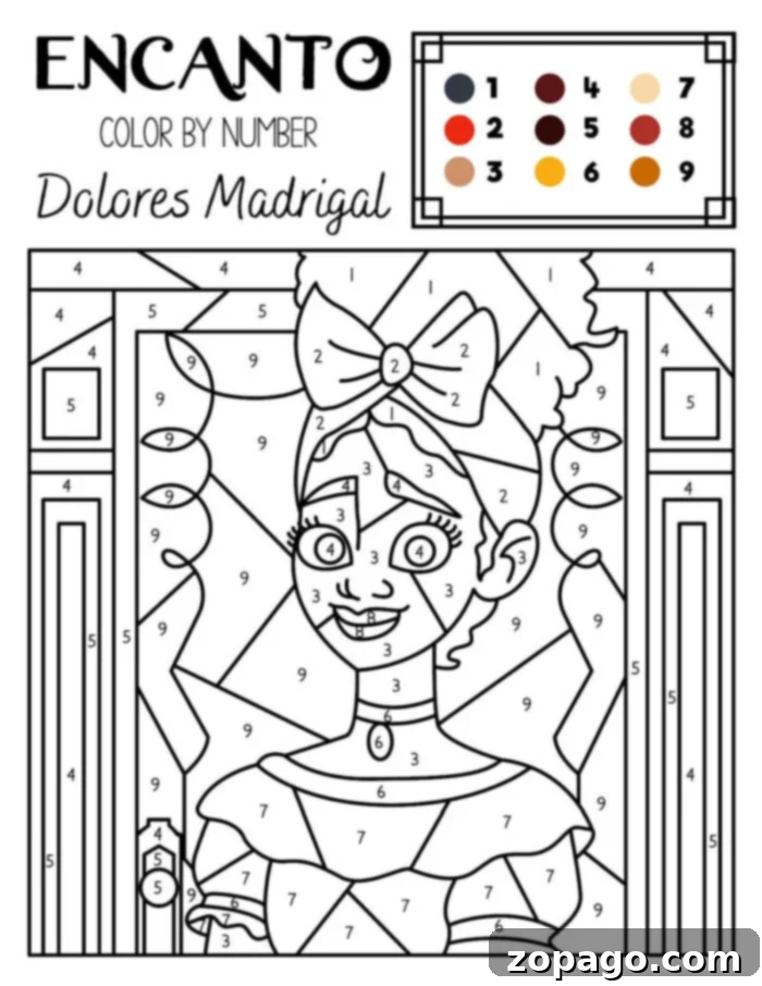 Encanto Coloring Adventures 6 dolores encanto coloring page: A detailed printable coloring page of Dolores Madrigal from Encanto, showcasing her unique character design and inviting children to add their favorite colors.
