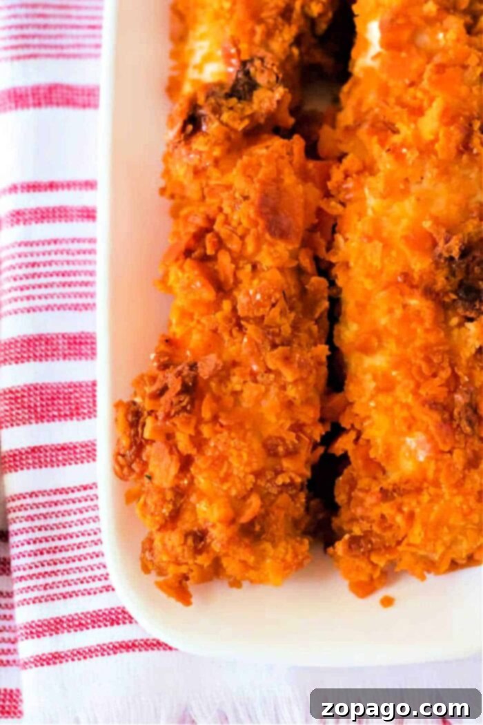 Crunchy Cheesy Chicken Tenders 8 Plate of homemade crispy Cheese-It Chicken Tenders, ready to eat.