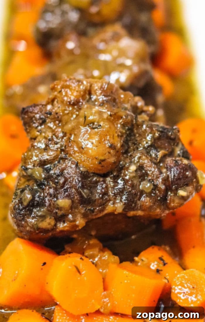 Close-up of a plate featuring braised oxtails on the stove, covered in a rich sauce and surrounded by chopped carrots. The beef is well-cooked, with a slightly charred exterior, and the carrots appear tender and flavorful.