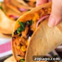 Close-up of a hand holding a taco crafted from air fryer magic, filled with shredded chicken, black beans, corn, cilantro, and red onion.