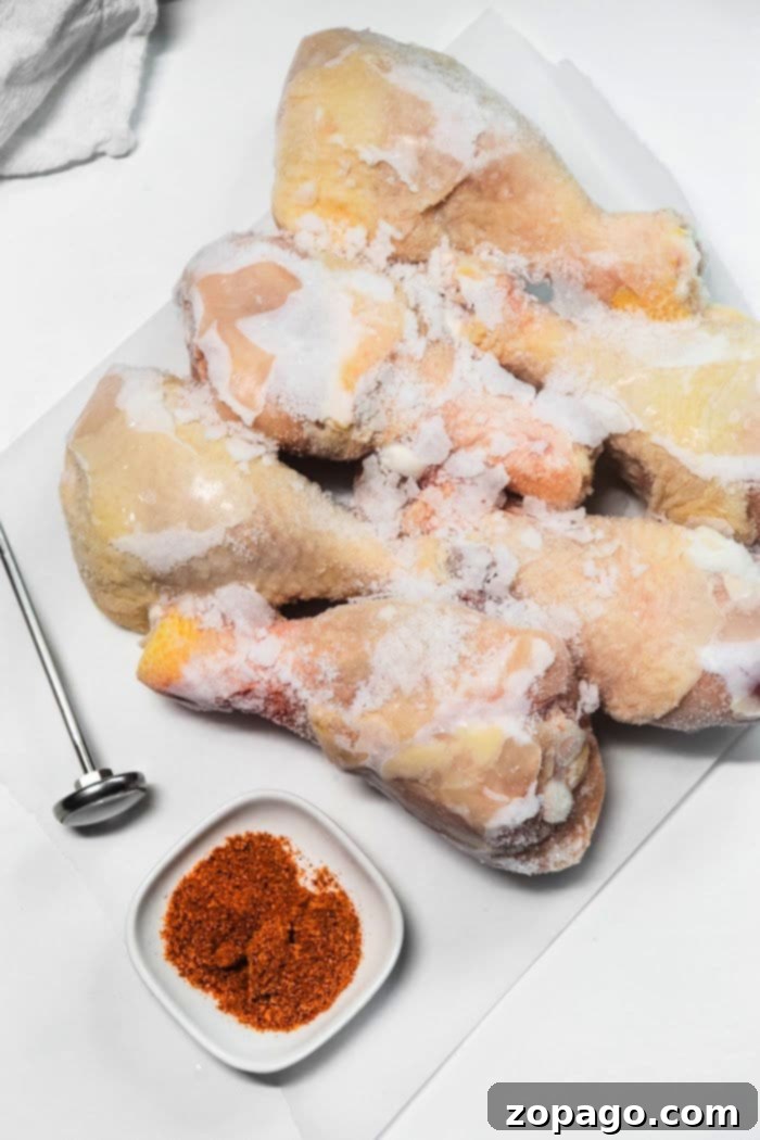 Raw, seasoned frozen chicken legs being placed into an air fryer basket, ready for cooking.