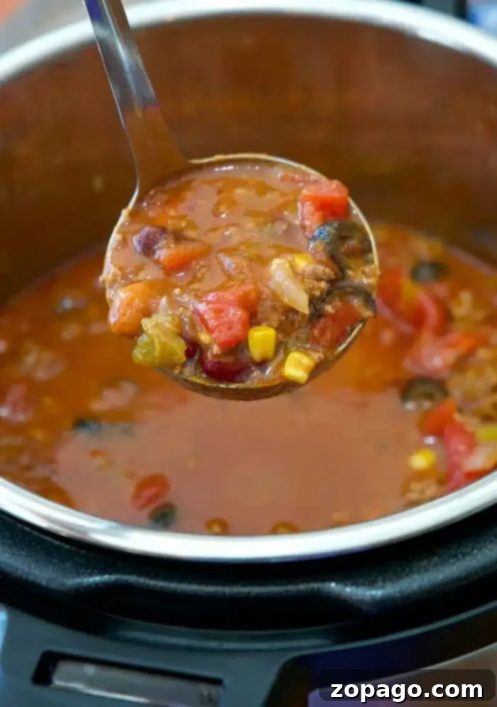 Leftover Taco Meat Magic 4 A ladle filled with hearty stew, crafted from leftover taco meat, hovers above a pot. The stew combines tomatoes, corn, and black beans in a rich broth. This delicious creation simmers perfectly within an electric pressure cooker.