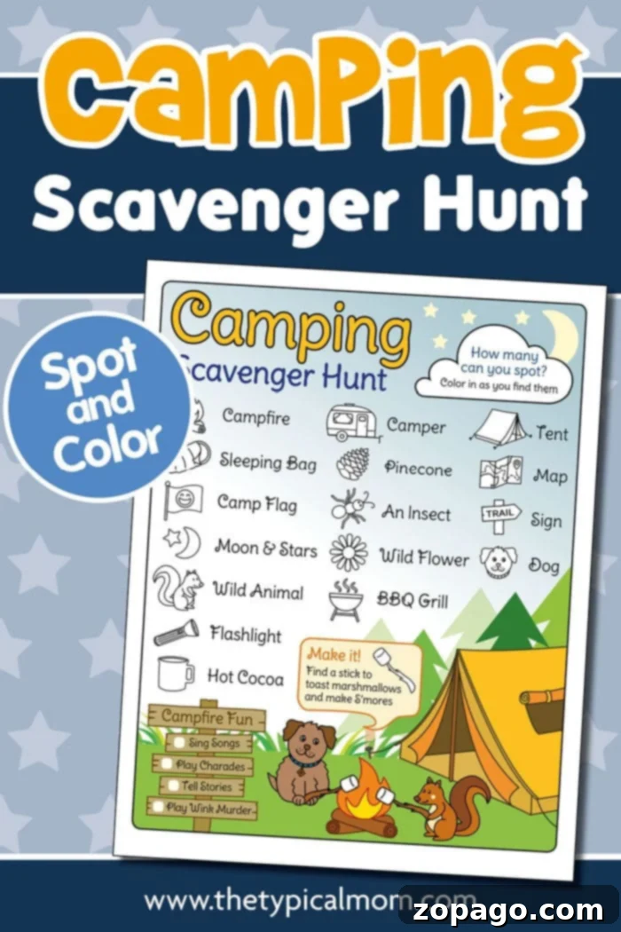 Campground Clue Hunt 3 Group of happy children on a camping trip, looking for items on their scavenger hunt list