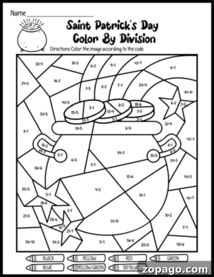 Shamrock Shade by Number 2 St. Patrick's Day Color by Number Printable with shamrocks and a pot of gold