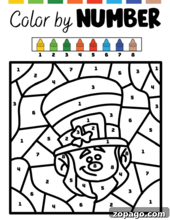Shamrock Scapes: St. Patrick's Color by Number 3 Another engaging St. Patrick's Day color by number sheet, featuring a lucky shamrock design, perfect for young learners