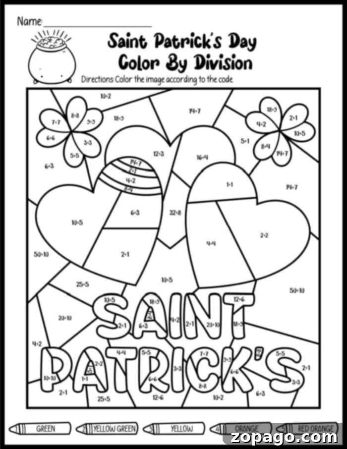 Shamrock Scapes: St. Patrick's Color by Number 6 A collection of St. Patrick's Day coloring sheets featuring various festive elements like hats, coins, and rainbows, suitable for different age groups