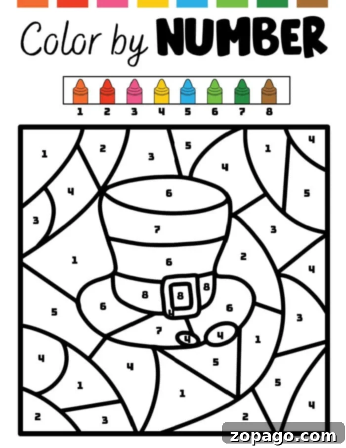 Shamrock Scapes: St. Patrick's Color by Number 7 Charming leprechaun color by number activity for St. Patrick's Day, encouraging careful coloring and number recognition