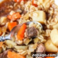 Hearty beef and barley stew with carrots and potatoes in a white bowl, slow-cooked to perfection in a crockpot.
