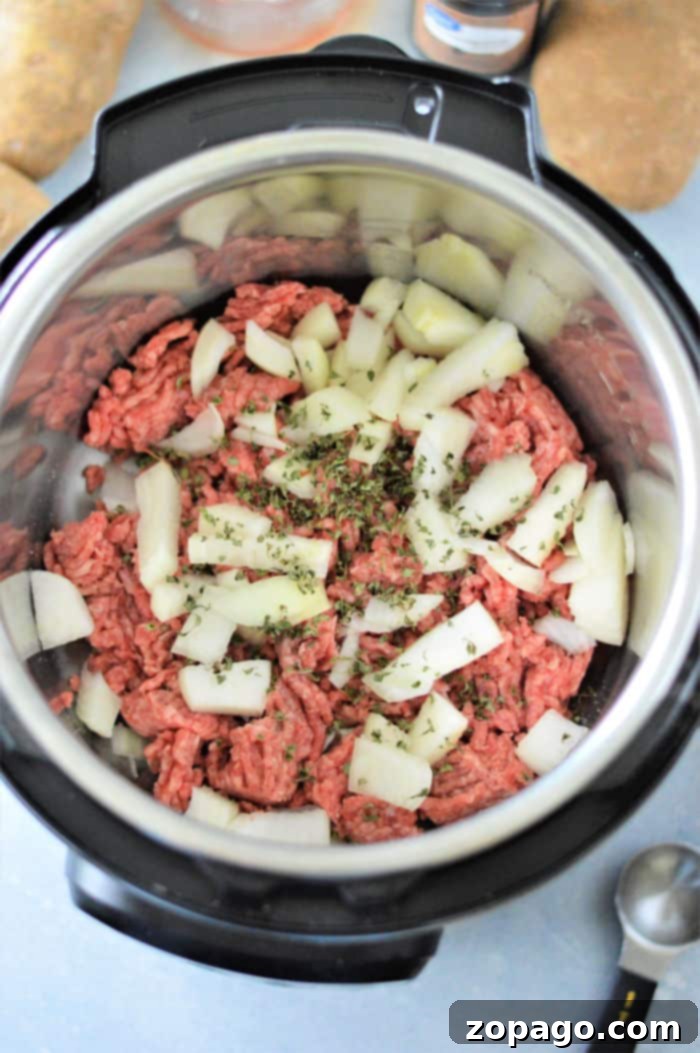Instant Pot Shepherd's Pie 3 Close-up of Instant Pot ground beef recipe base before adding mashed potatoes
