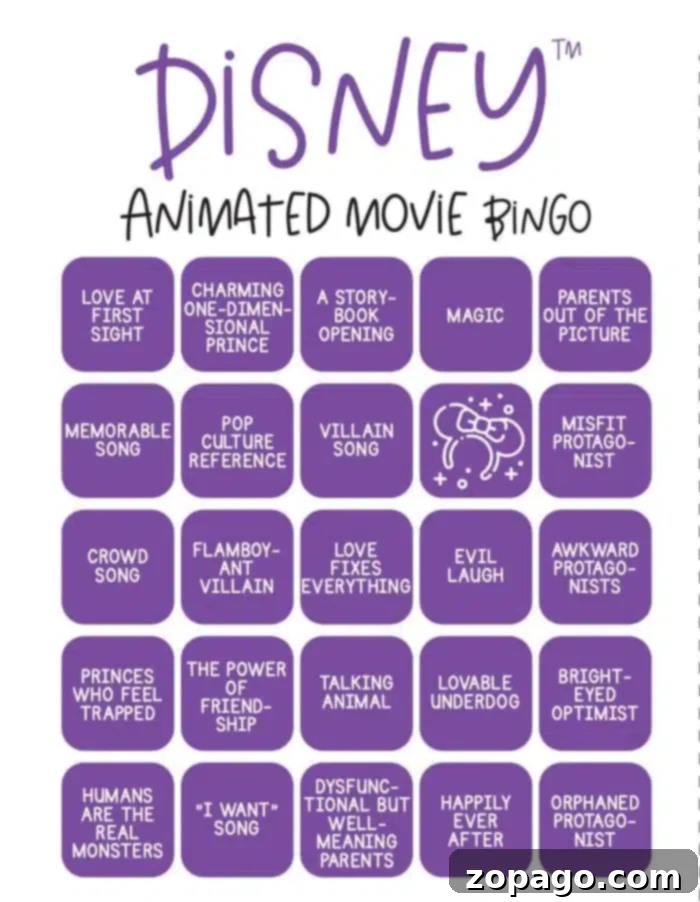 Printable Disney Bingo Fun 2 A "Disney Bingo" card with 25 squares, each listing common Disney movie tropes like "Love at First Sight," "Magic," "Villain Song," "Evil Laugh," "Talking Animal," and "Parents Out of the Picture." The center square features a bingo symbol.