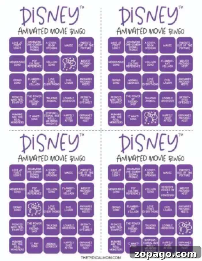 Printable Disney Bingo Fun 3 An image showcasing four identical Disney Bingo cards, each featuring a 5x5 grid with various movie-related phrases such as "Love at first sight," "Talking animal sidekick," and "Villain has powers." The cards boast a purple background.