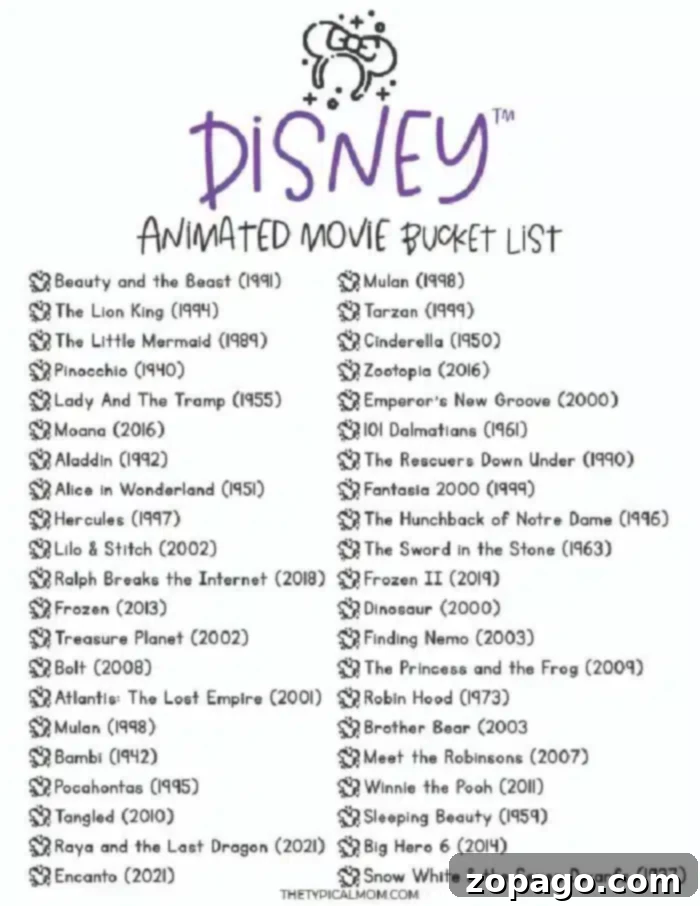 Printable Disney Bingo Fun 4 A list titled "Disney Animated Movie Bucket List" with 54 classics, ranging from "Beauty and the Beast (1991)" to "Encanto (2021)". This Disney Bingo includes gems like "The Lion King (1994)", "Frozen (2013)", and the timeless "Snow White & the Seven Dwarfs (1937)".