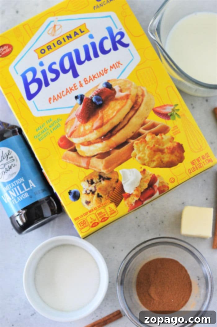 Effortless Bisquick Cinnamon Rolls 3 Ingredients laid out for making Bisquick Cinnamon Rolls.