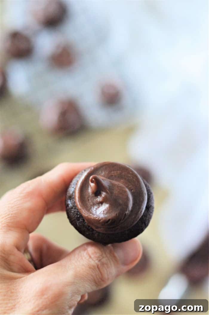 Bite-sized Chocolate Indulgences 5 A single mini chocolate cupcake with a dollop of chocolate frosting, ready to be enjoyed.