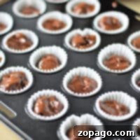 Mini chocolate cupcakes in white liners, ready for baking, fill the muffin tray with a luscious batter, promising a delightful treat.