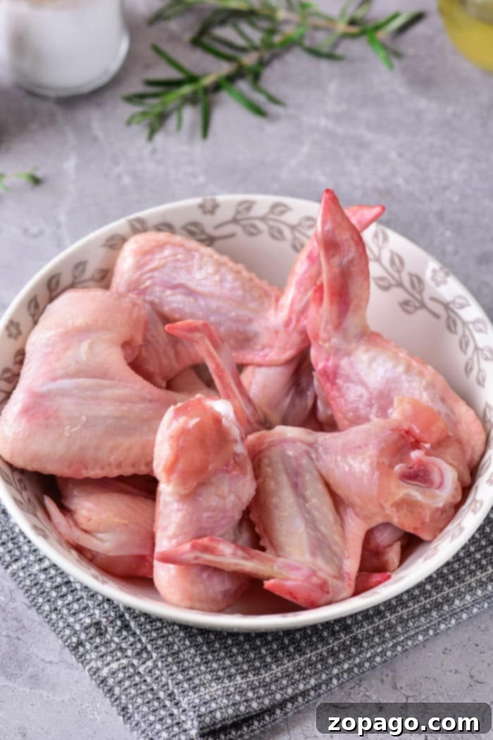 Quick Microwave Chicken Defrost 10 A bowl of raw chicken wings on a gray textured surface, garnished with fresh herbs in the background, prepped and ready for you to learn how to defrost chicken in the microwave efficiently.