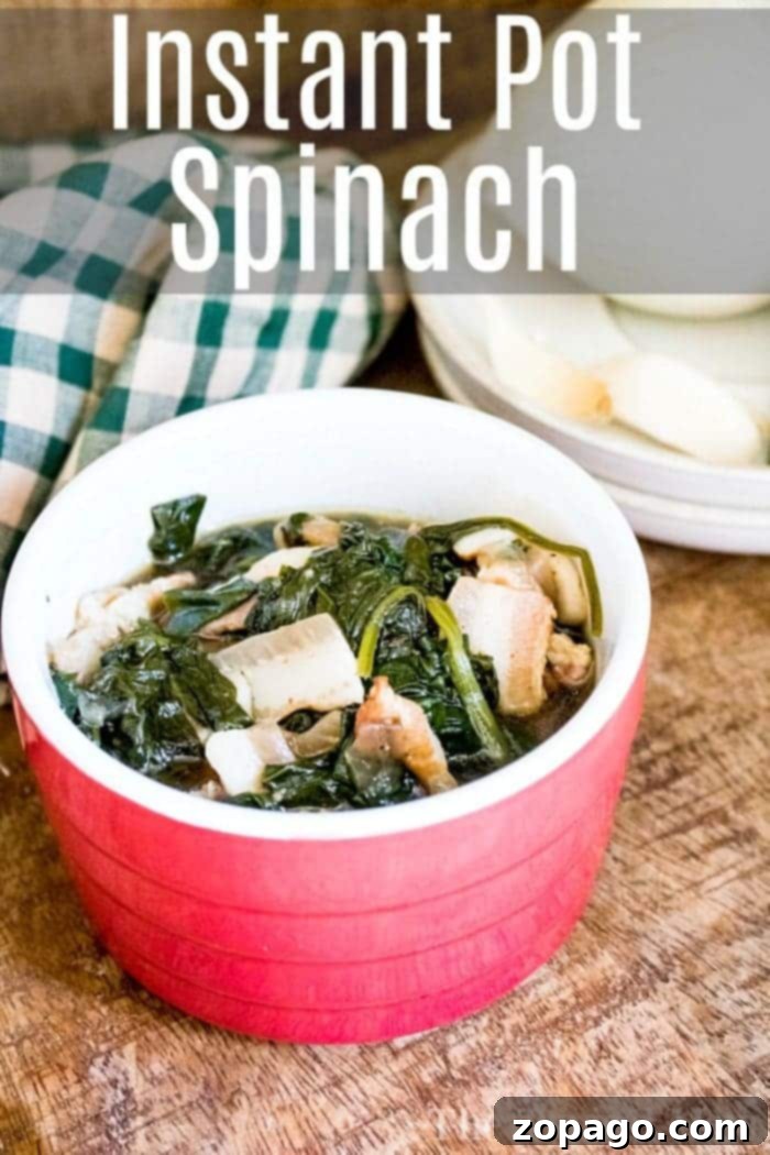 Make Frozen Spinach Taste Amazing 4 Perfectly cooked frozen spinach in an Instant Pot, seasoned and ready to serve, highlighting its quick preparation.