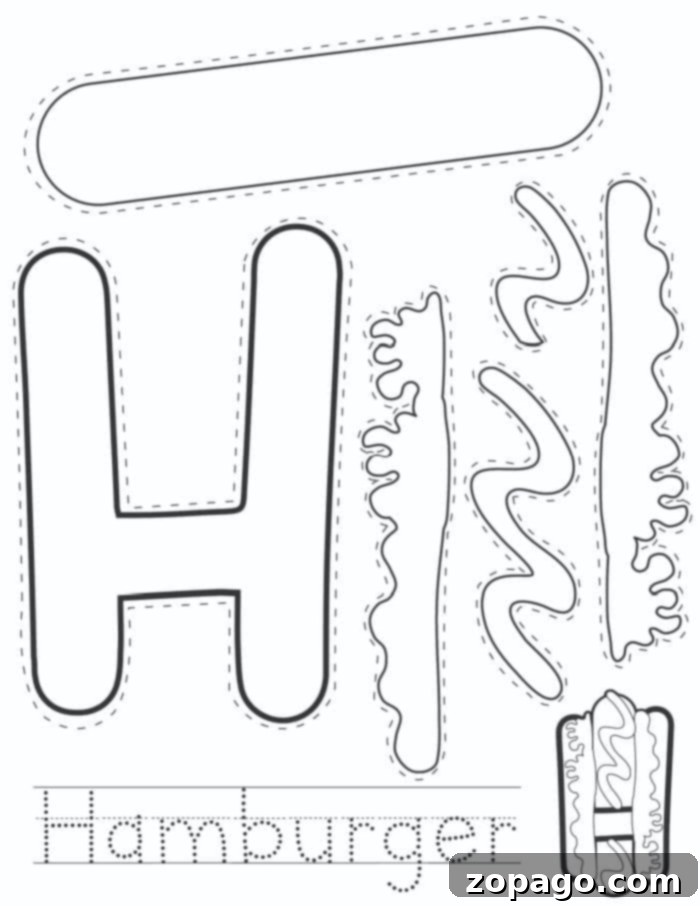 Awesome Free ABC Printables 4 Detailed cut-out shapes forming parts of a hamburger, accompanied by text "Hi" and "Hamburger," illustrating a fun, interactive alphabet learning activity for the letter H.