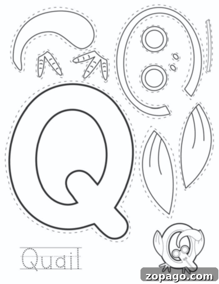 Awesome Free ABC Printables 5 A creative coloring page for the letter Q, featuring a playful character and bold outline for children to color, aiding in alphabet recognition.
