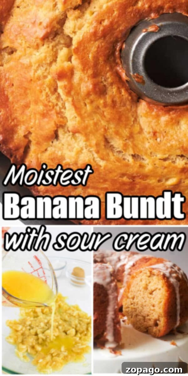 Close-up of a Moist Banana Bundt Cake with sour cream and key prep steps highlighted visually.